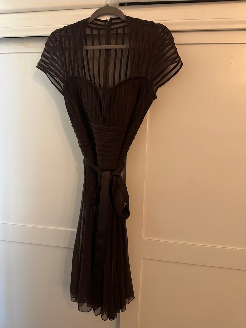 KS Selection Chocolate Brown Midi Dress with Pleated Mesh Bodice and Waist Tie
